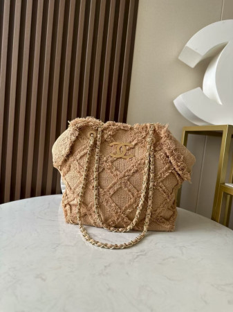 Ch*el Vintage Linen Tassel Tote Straw Bag 48x35x17cm