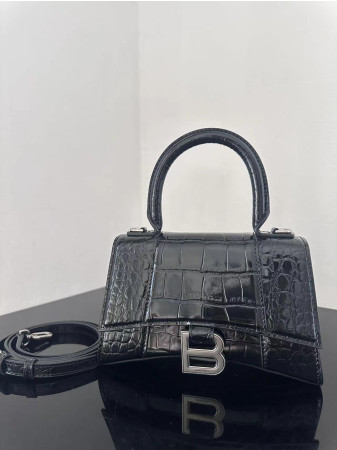 Ba*len*cia*ga WOMEN'S HOURGLASS MINI HANDBAG CROCODILE EMBOSSED IN BLACK WITH SILVER HARDWARE L7.4 x H5.1 x W3.1 inch