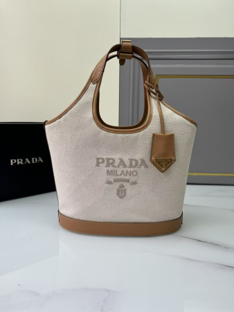 Pra*a Natural Medium Linen Blend And Leather Tote Bag 28x22.5x12.5cm