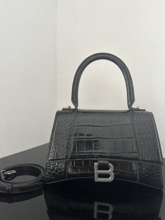 Ba*len*cia*ga WOMEN'S HOURGLASS SMALL HANDBAG CROCODILE EMBOSSED IN BLACK L9 x H5.5 x W3.9 inch