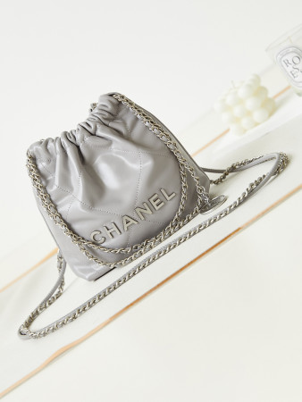 Ch*el 22 MINI HANDBAG Shiny Calfskin GREY 7.8 × 7.4 × 2.3 in