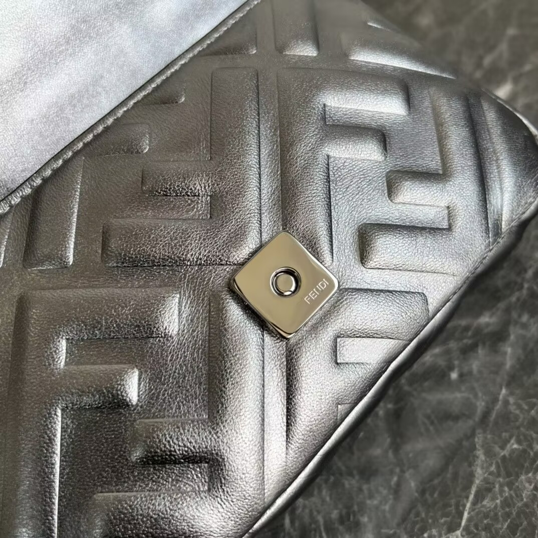 F**di Baguette Phone Pouch Craquelé silver leather pouch 19x5x12cm