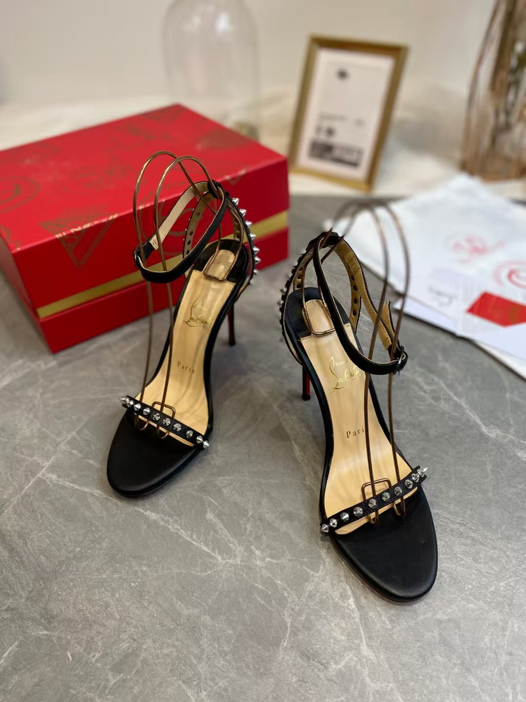 UA Ch**an Louboutin So Me Spike Strappy Sandals