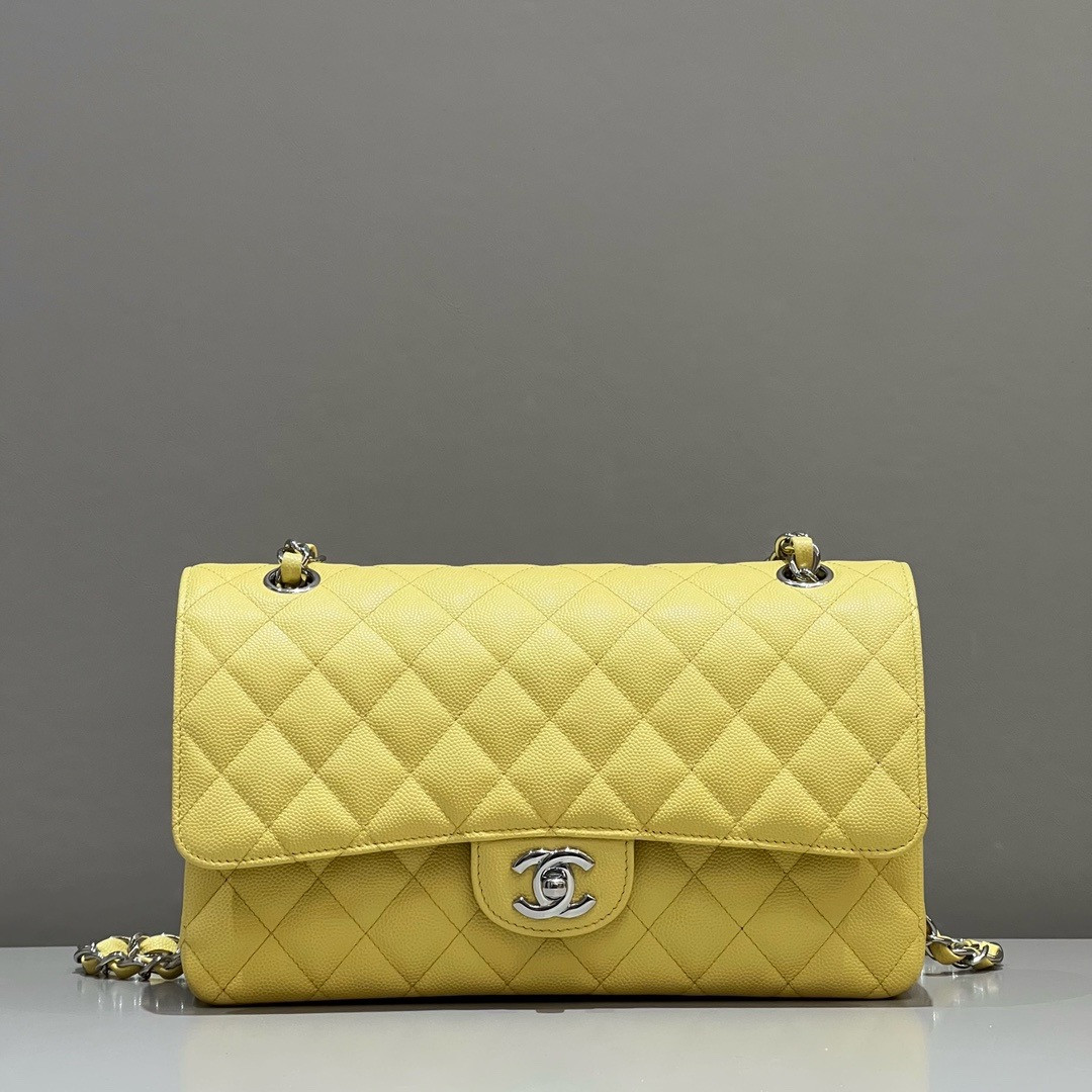 Ch*el CLASSIC HANDBAG GRAINED CALFSKIN & SILVER - TONE METAL Yellow 6×9.9×2.5in