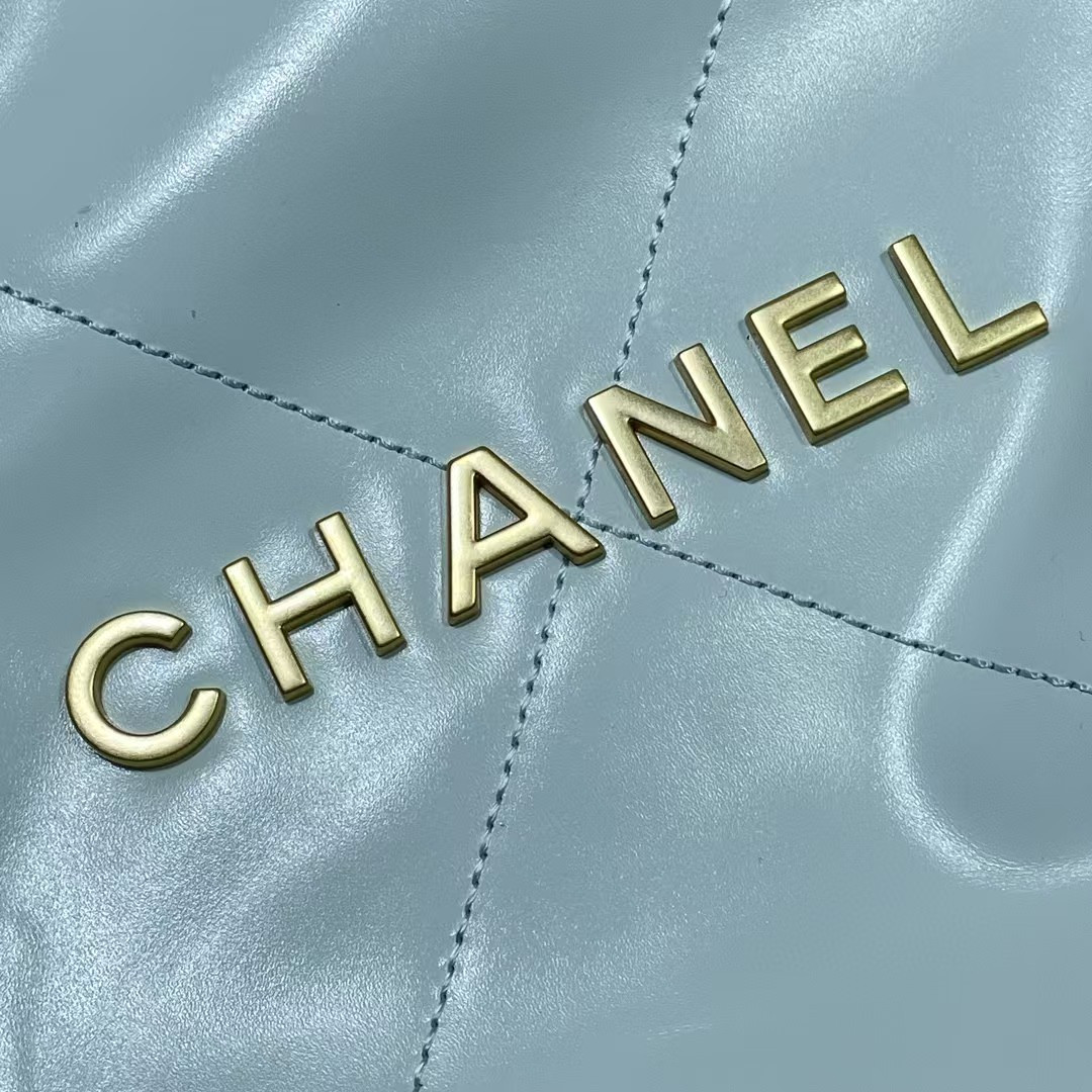 Ch*el 22 SMALL HANDBAG Shiny Calfskin Light Blue 37X35X7cm