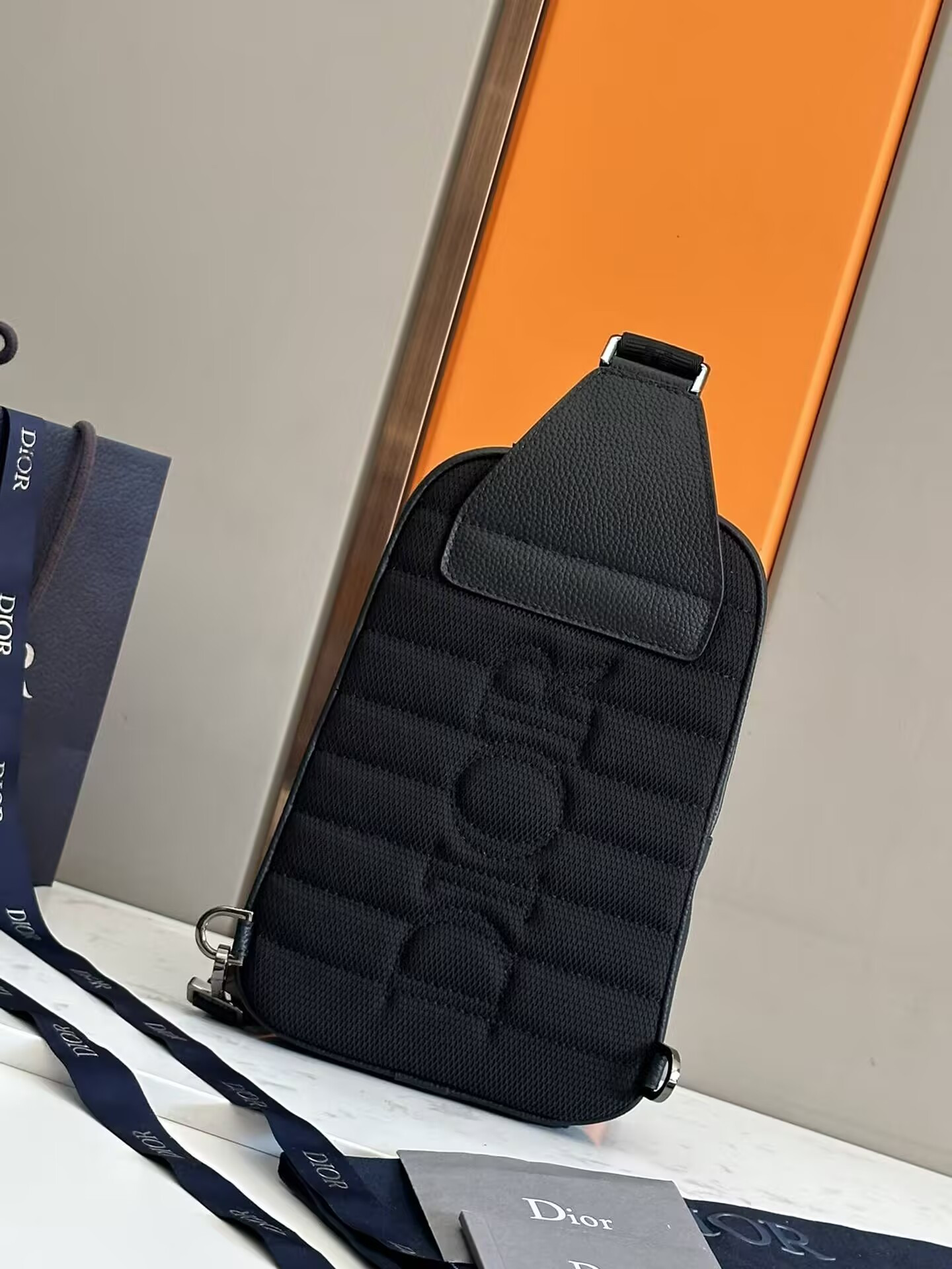 D*0r Rider 2.0 Sling Bag Black D*0r Oblique Jacquard and Black Grained Calfskin 17x26x8cm