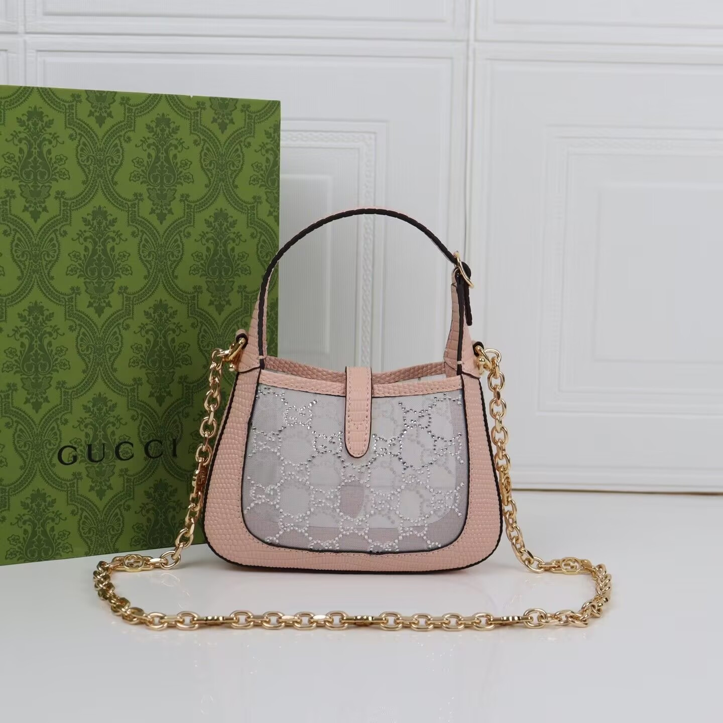 G*u*i Jackie 1961 mini crystal GG lizard bag 19x13x3cm