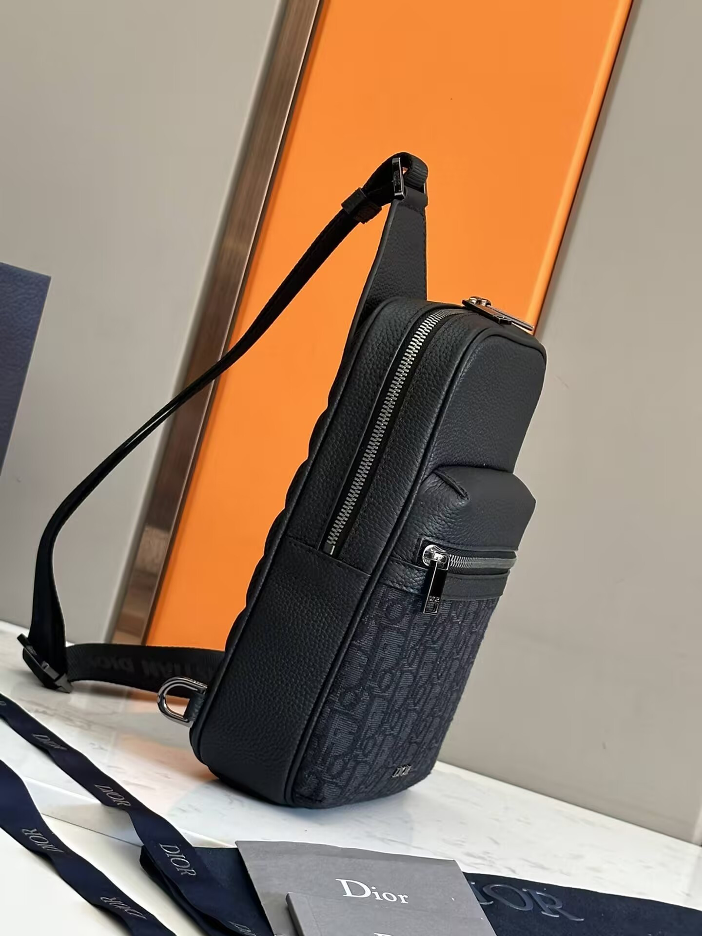 D*0r Rider 2.0 Sling Bag Black D*0r Oblique Jacquard and Black Grained Calfskin 17x26x8cm