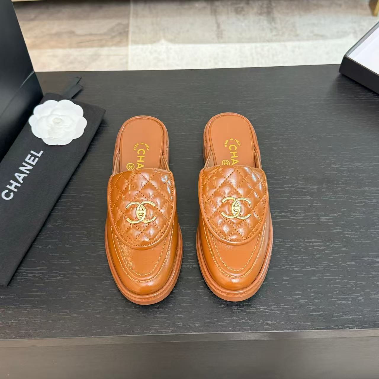 UA Ch*el Slides Leather Flats