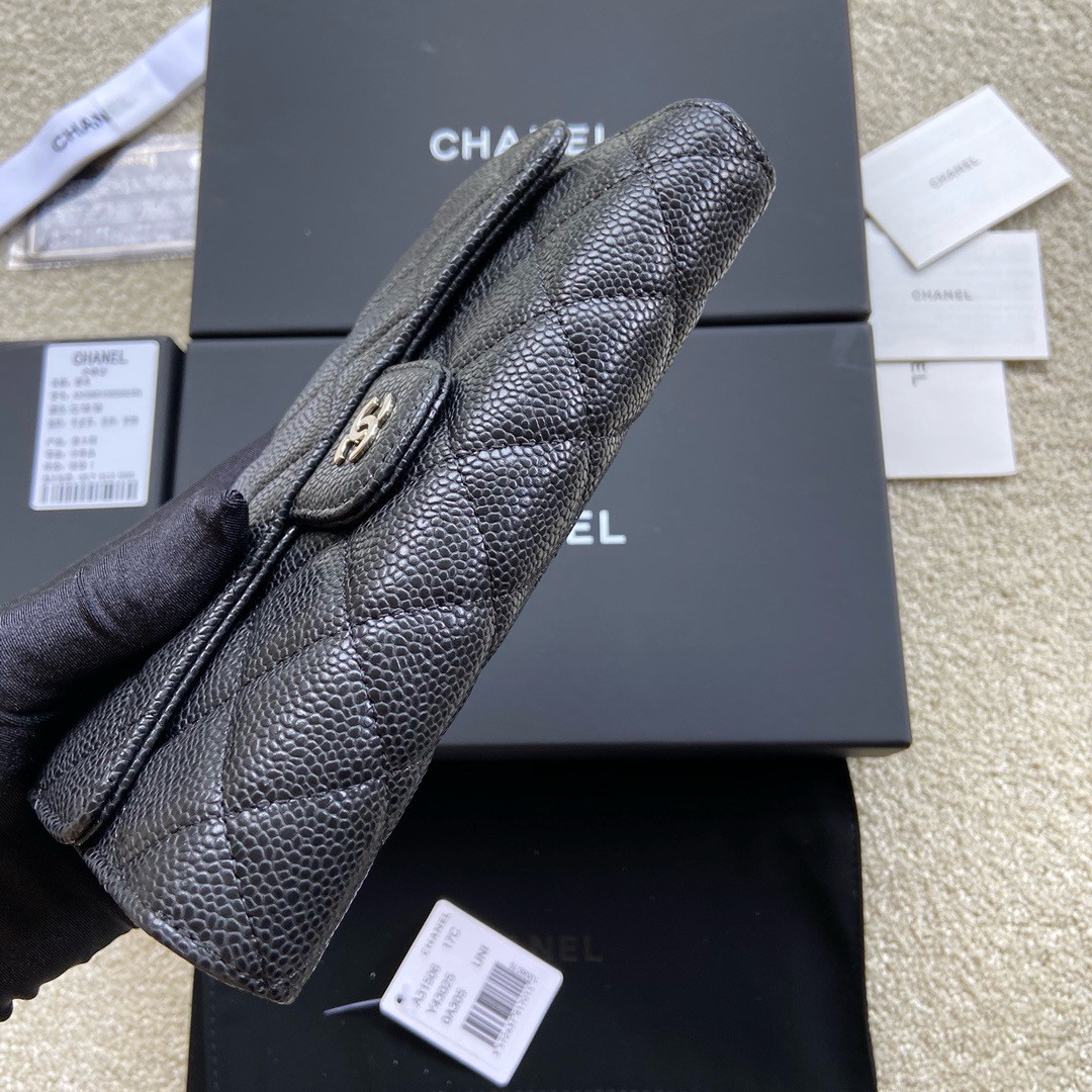 Ch*el FLAP WALLET GRAINED LEATHER BLACK 19.5 x10 cm