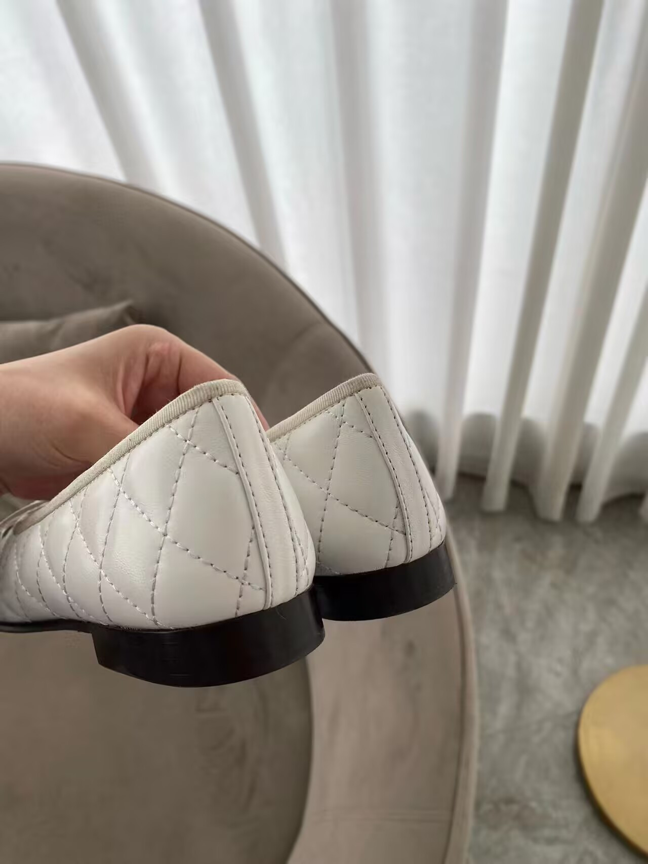 Ch*el BALLET FLATS Aged Calfskin White & Black