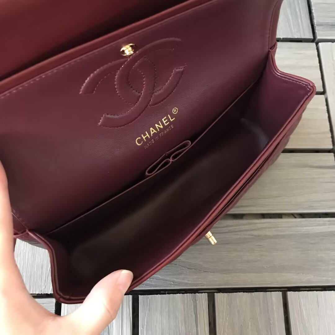 Ch*el CLASSIC 11.12 HANDBAG  Lambskin &Brown Metal Burqundy 15.5 x 25.5 x 6.5 cm