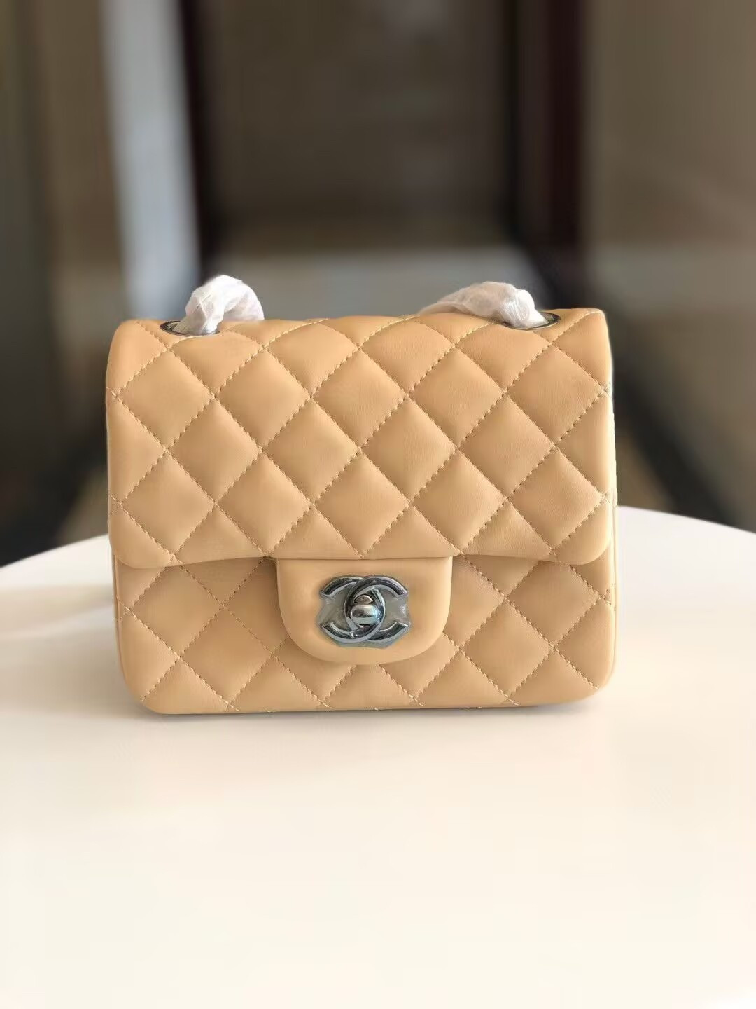 Ch*el Mini Classic Handbag Lambskin & Silver-Tone Metal 13.5x 17x8cm