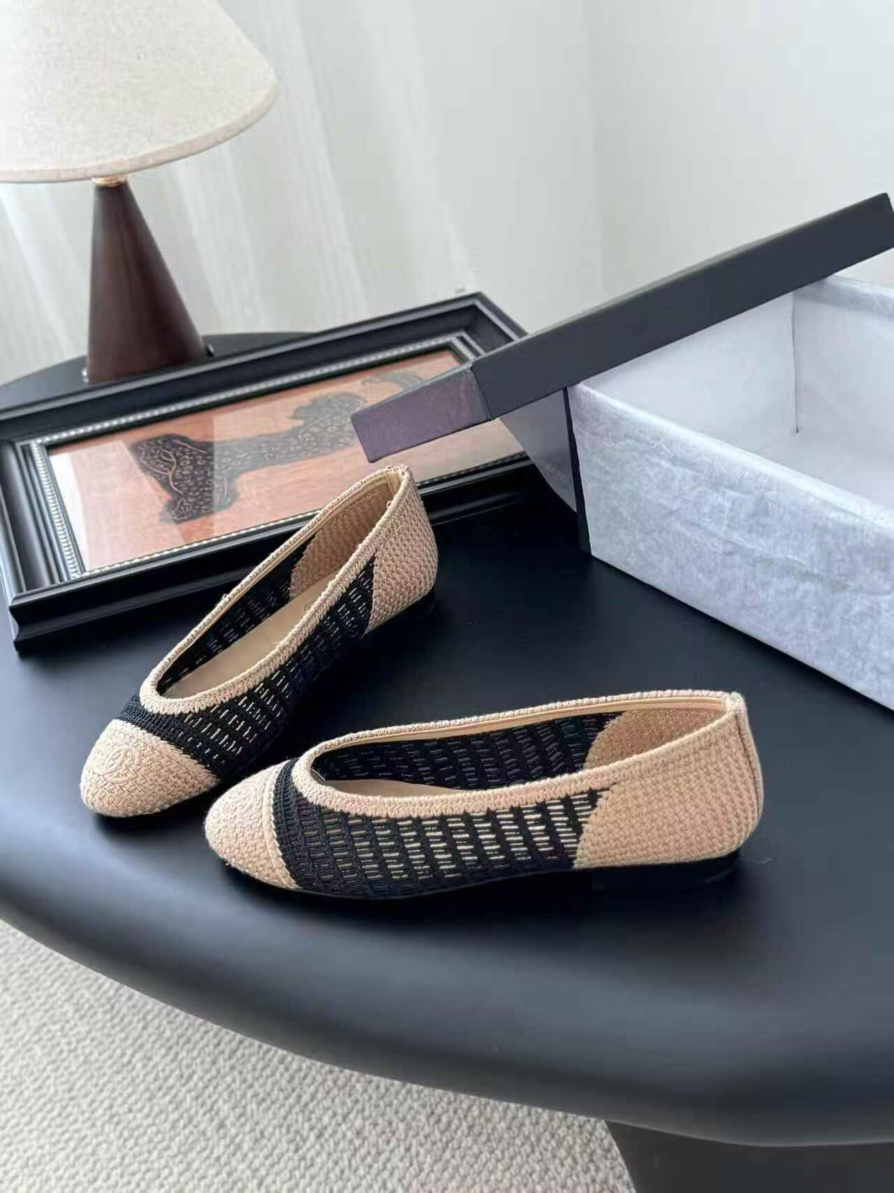 UA Ch*el Raffia Cap Toe Ballet Flats