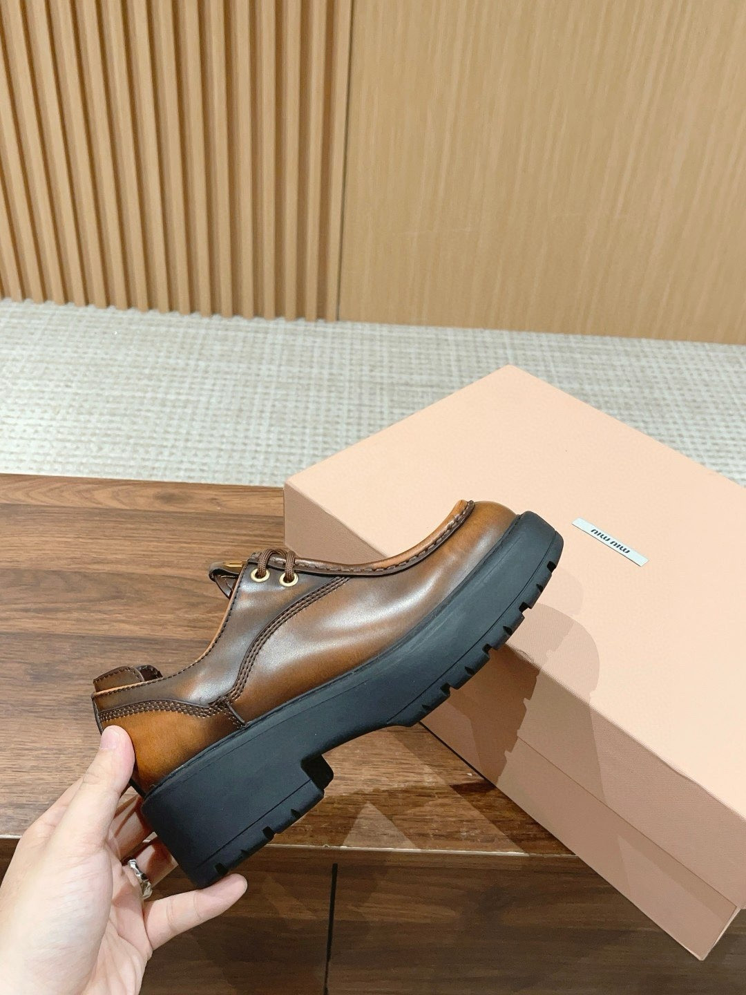 UA Miu Miu Laced Fumé Leather Loafers