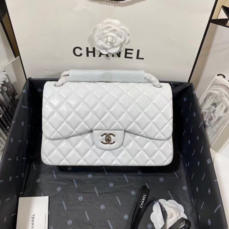 Ch*el Classic Flap Jumbo 30cm CF White Silver 7.6 × 11.7 × 3.9 in