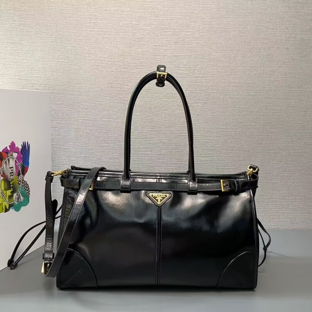 Pra*a Bonnie large leather handbag in Black 24x38x12cm