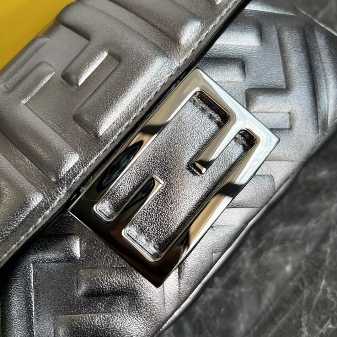 F**di Baguette Phone Pouch Craquelé silver leather pouch 19x5x12cm