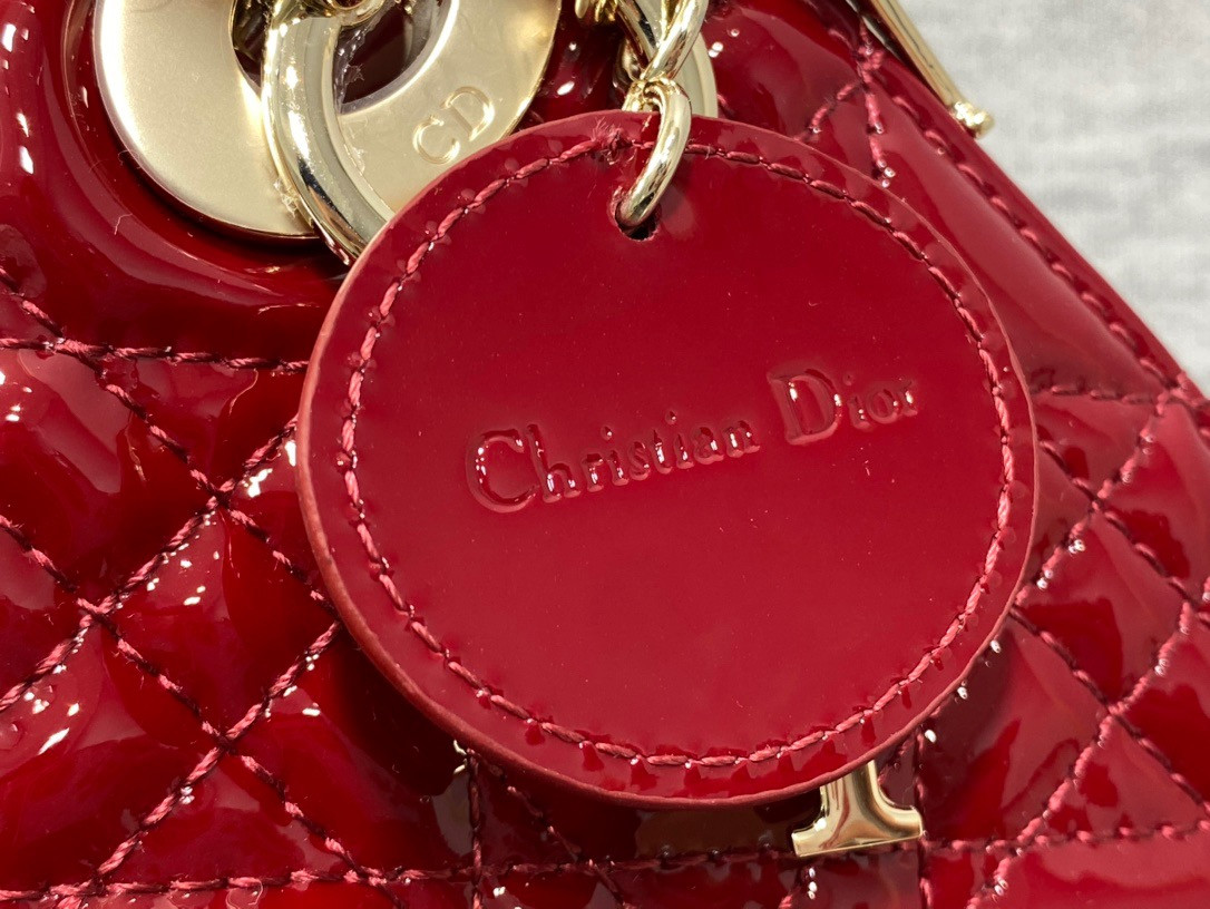 Mini Lady D*0r Bag  Cherry Red Patent Cannage Calfskin 6.5 x 6 x 3 inches