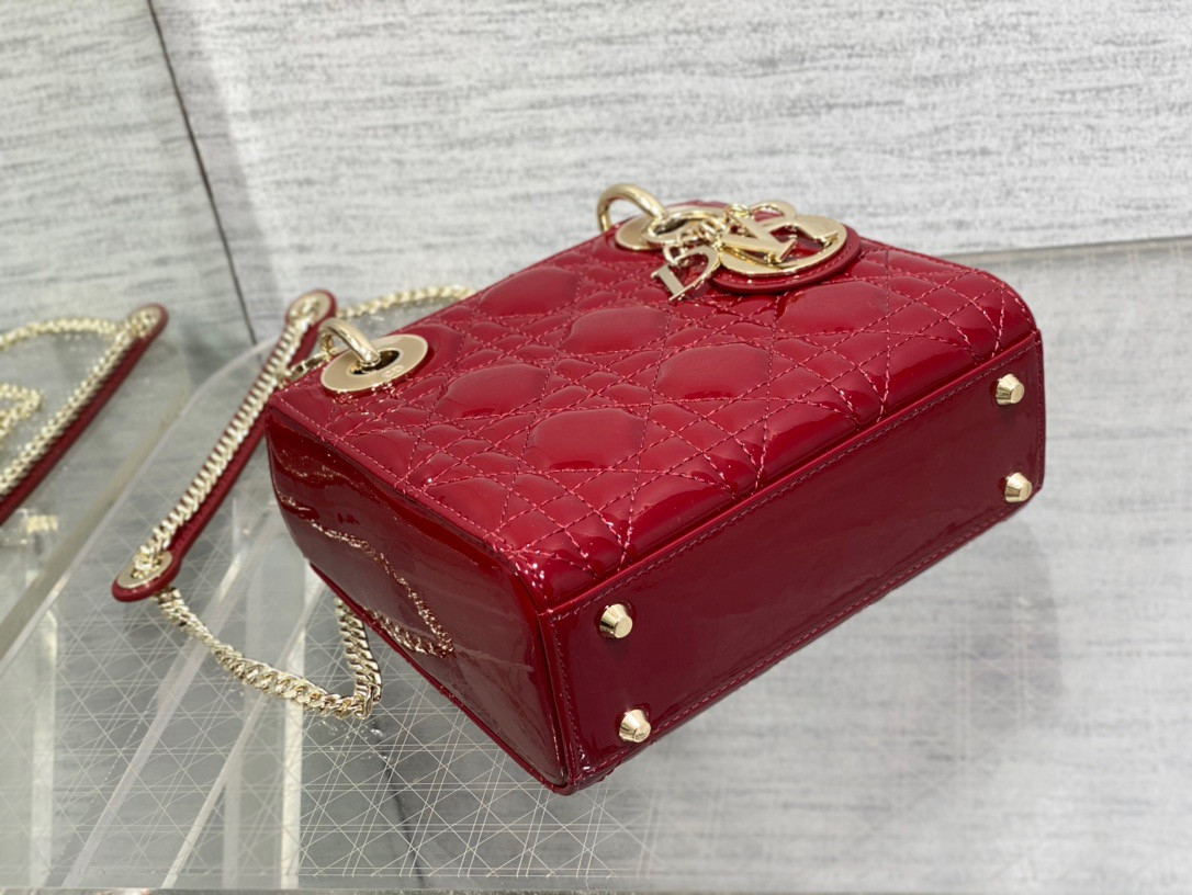 Mini Lady D*0r Bag  Cherry Red Patent Cannage Calfskin 6.5 x 6 x 3 inches