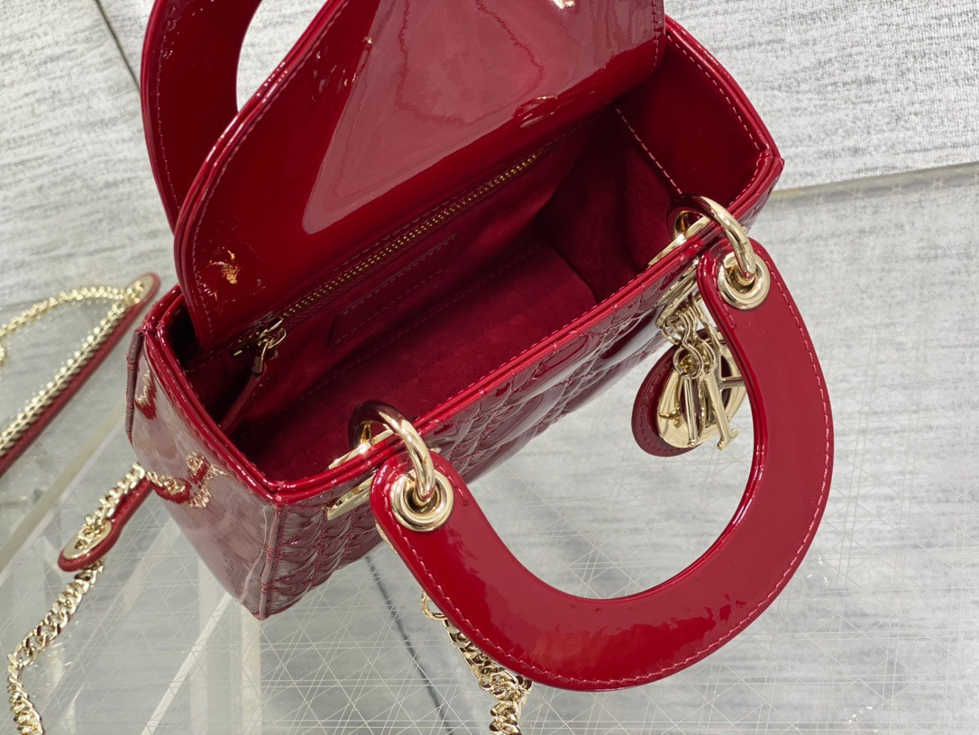 Mini Lady D*0r Bag  Cherry Red Patent Cannage Calfskin 6.5 x 6 x 3 inches