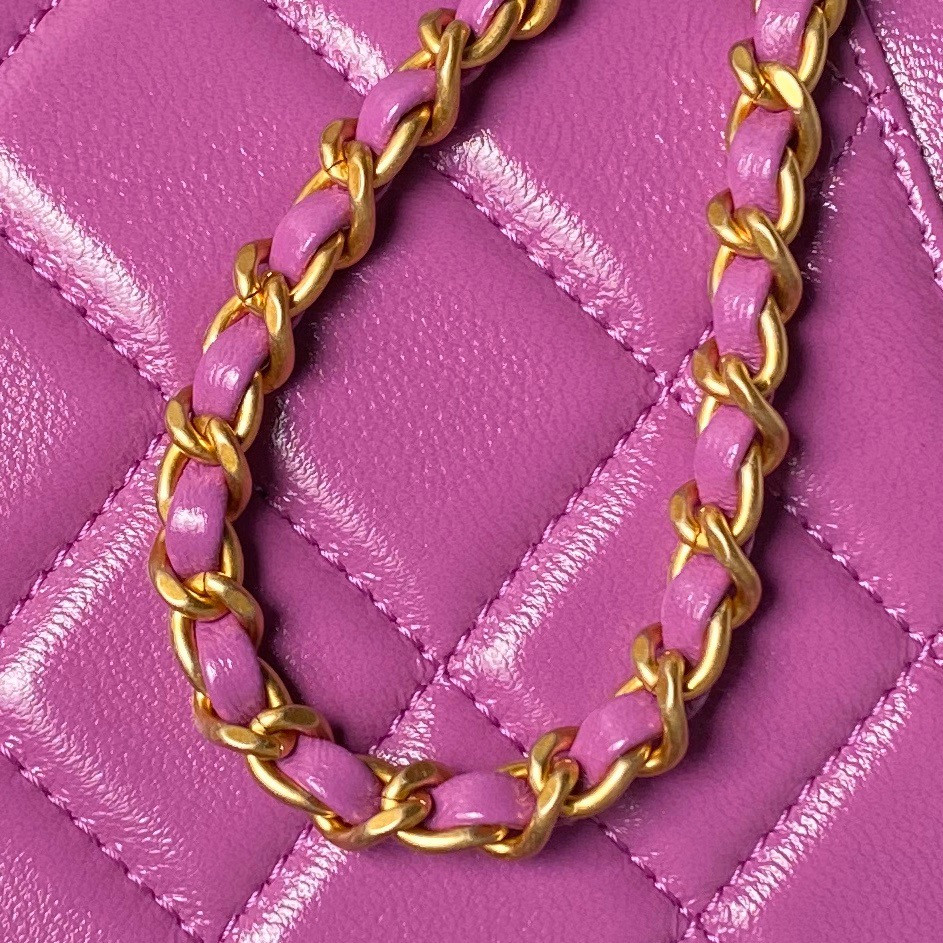 Ch*el MINI BAG WITH TOP HANDLE Shiny Lambskin & Gold-Tone Metal 12 × 18 × 7 cm