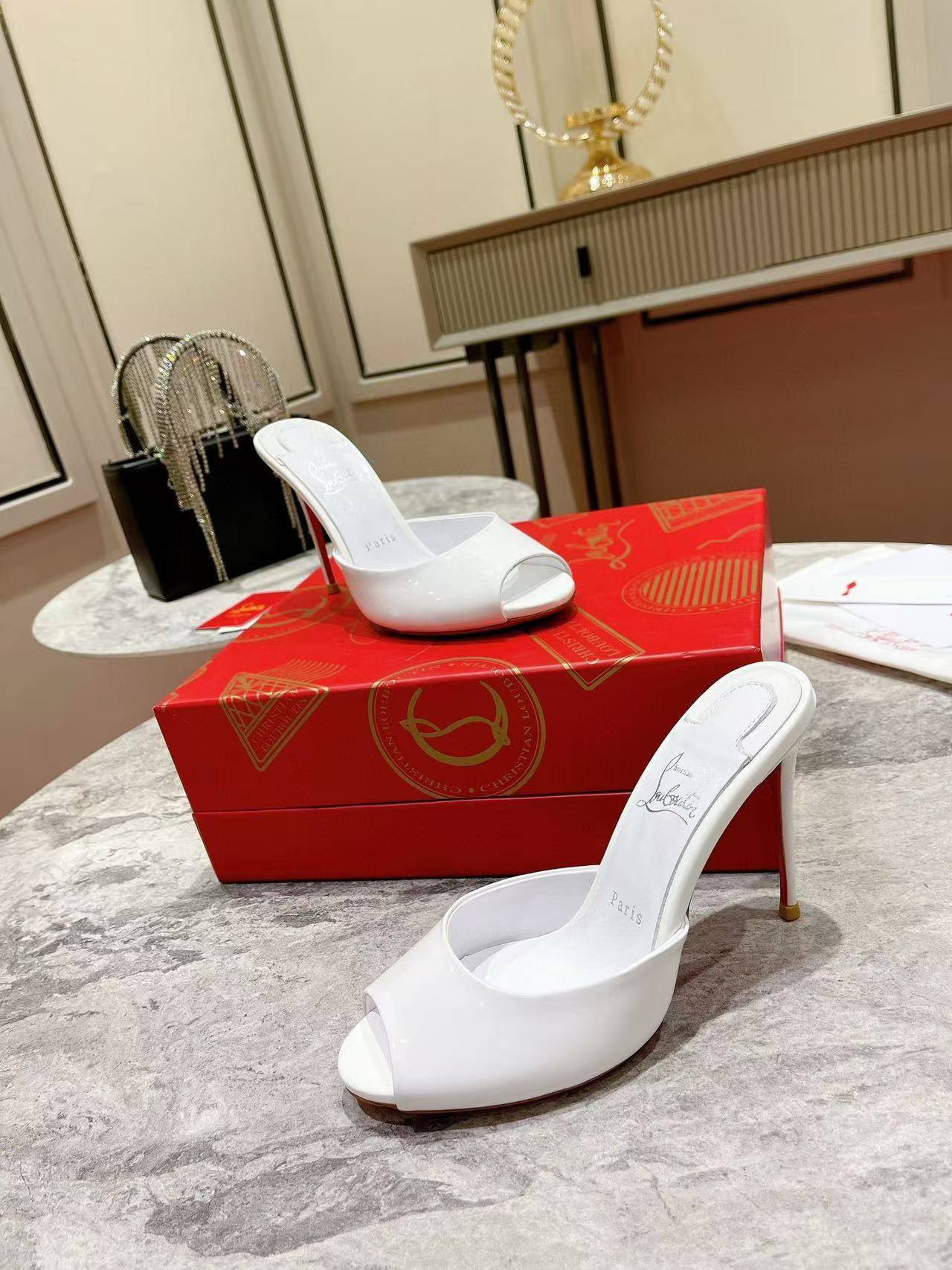 UA Ch**an Louboutin Bridal Me Dolly 100 Patent Leather Mules