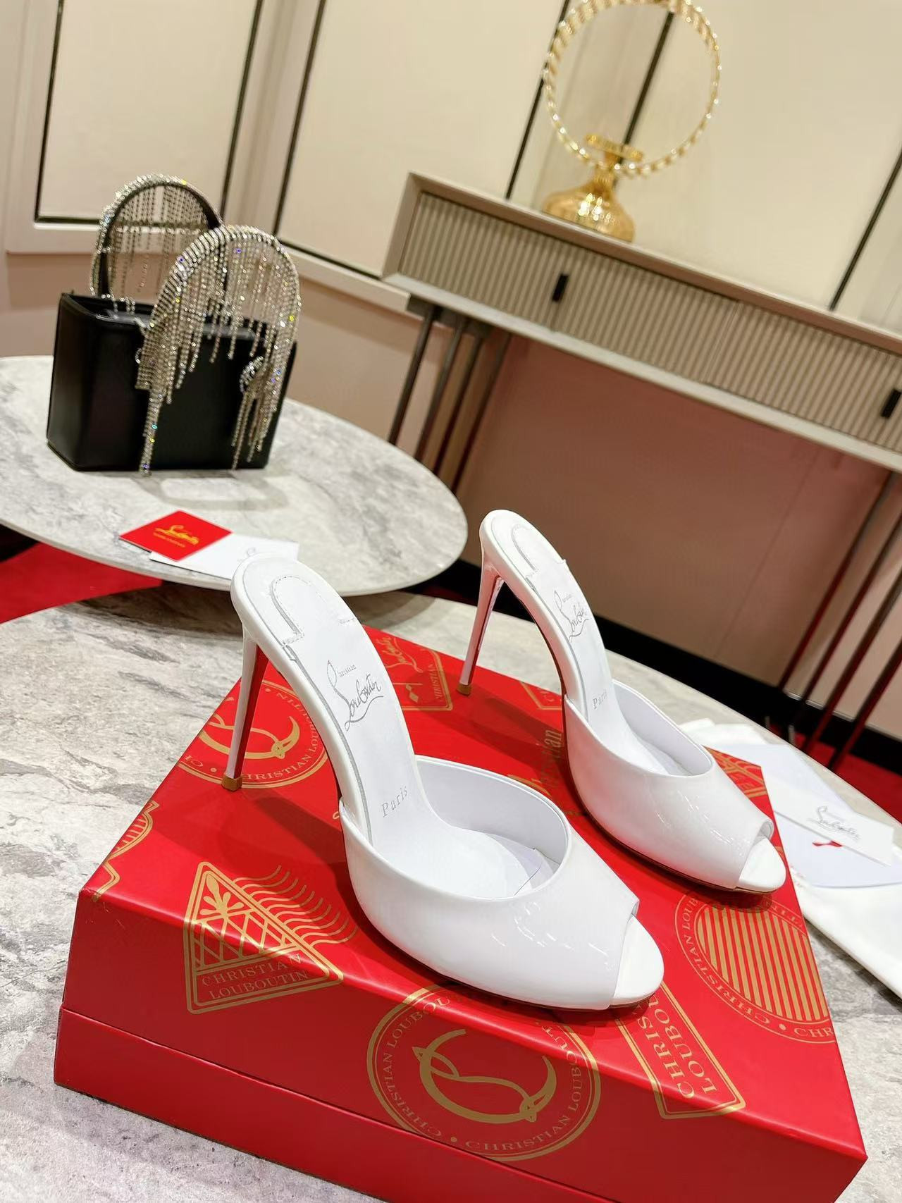 UA Ch**an Louboutin Bridal Me Dolly 100 Patent Leather Mules