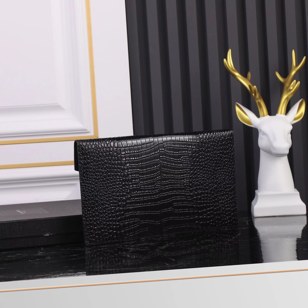 Y*L UPTOWN POUCH IN CROCODILE-EMBOSSED SHINY LEATHER BLACK 10.6 X 6.2 X 0.7 INCHES