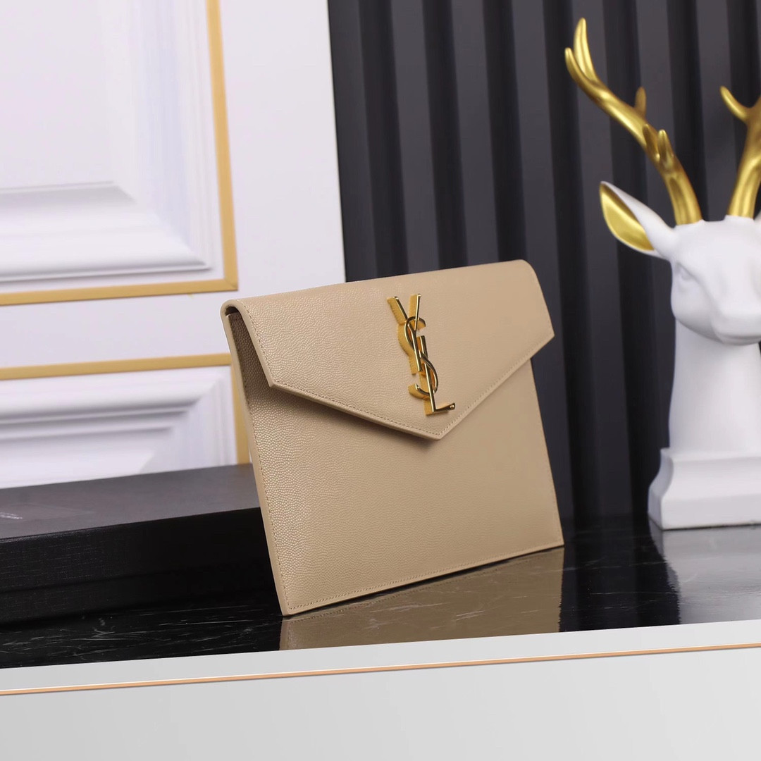 Y*L UPTOWN POUCH IN GRAIN DE POUDRE EMBOSSED LEATHER DARK BEIGE 10.6 X 6.2 X 0.7 INCHES