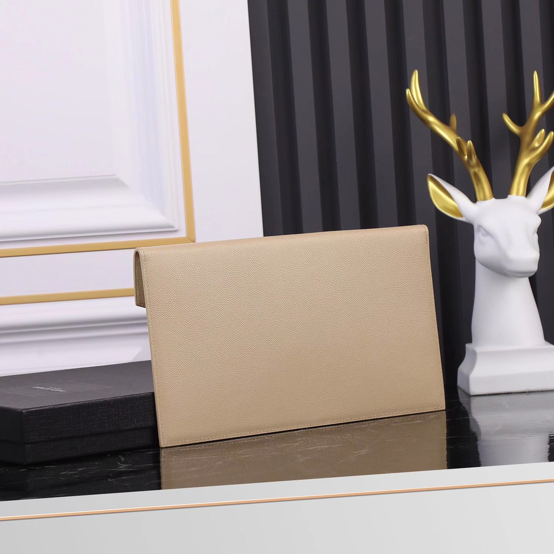 Y*L UPTOWN POUCH IN GRAIN DE POUDRE EMBOSSED LEATHER DARK BEIGE 10.6 X 6.2 X 0.7 INCHES