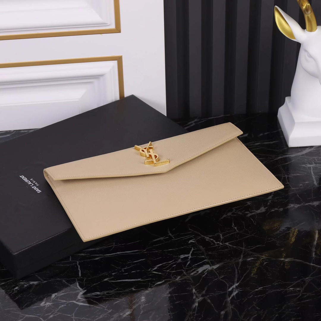 Y*L UPTOWN POUCH IN GRAIN DE POUDRE EMBOSSED LEATHER DARK BEIGE 10.6 X 6.2 X 0.7 INCHES