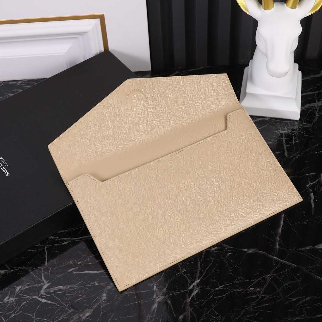 Y*L UPTOWN POUCH IN GRAIN DE POUDRE EMBOSSED LEATHER DARK BEIGE 10.6 X 6.2 X 0.7 INCHES