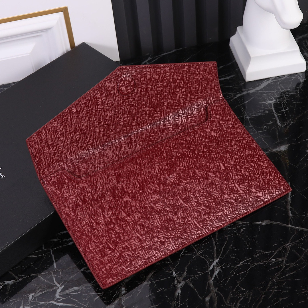 Y*L UPTOWN POUCH IN GRAIN DE POUDRE EMBOSSED LEATHER ROUGE OPYUM 10.6 X 6.2 X 0.7 INCHES