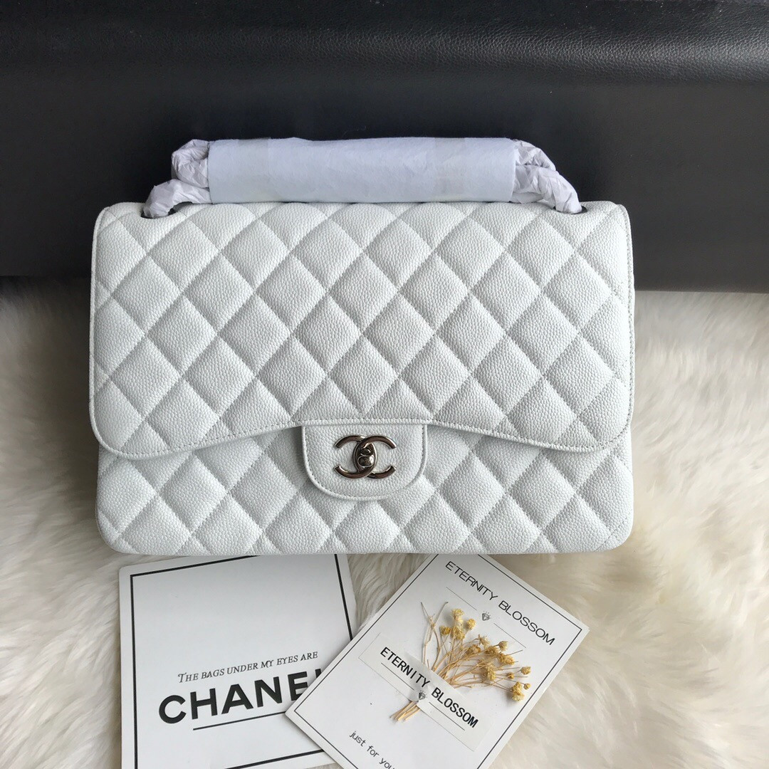 Ch*el Classic Flap Jumbo 30cm CF White Silver 7.6 × 11.7 × 3.9 in