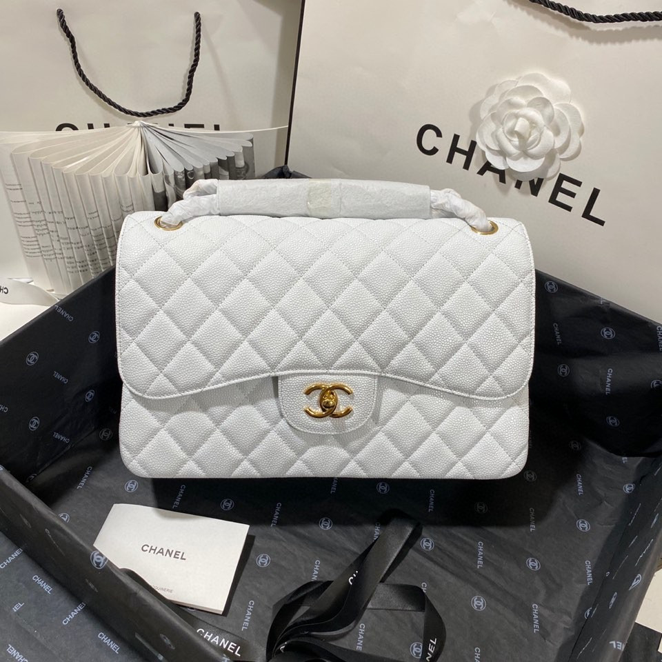 Ch*el Classic Flap Jumbo 30cm CF White Gold  7.6 × 11.7 × 3.9 in
