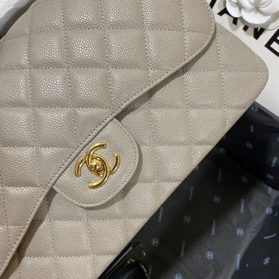 Ch*el Classic Flap Jumbo 30cm CF Grey Gold 7.6 × 11.7 × 3.9 in