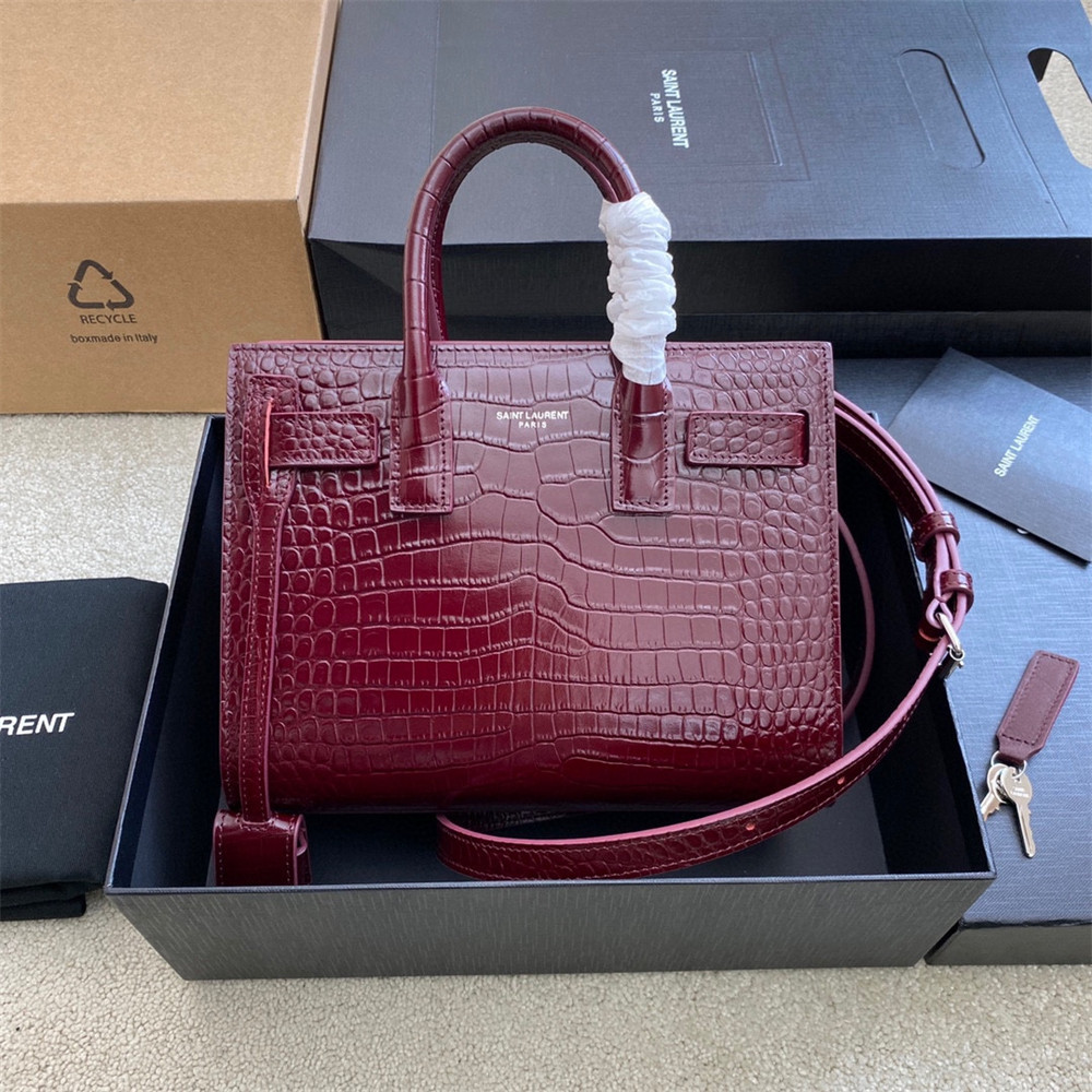 Y*L SAC DE JOUR NANO IN CROCODILE EMBOSSED LEATHER ROUGE LEGION 8.6 X 6.8 X 3.5 INCHES