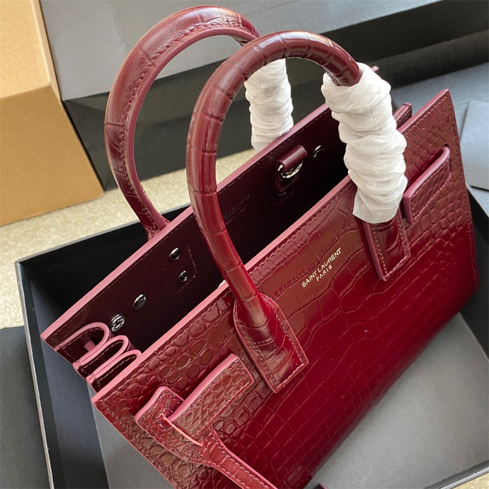 Y*L SAC DE JOUR NANO IN CROCODILE EMBOSSED LEATHER ROUGE LEGION 8.6 X 6.8 X 3.5 INCHES