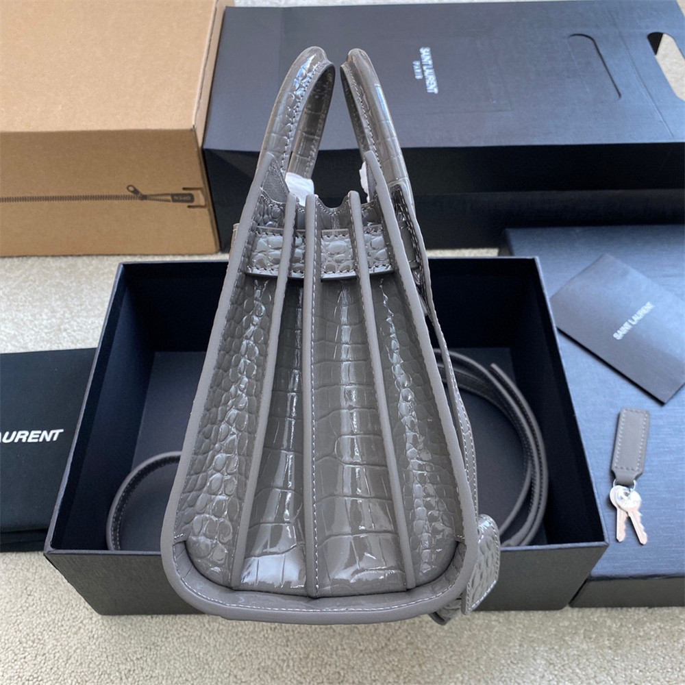 Y*L SAC DE JOUR NANO IN CROCODILE EMBOSSED LEATHER DARK GREY 8.6 X 6.8 X 3.5 INCHES