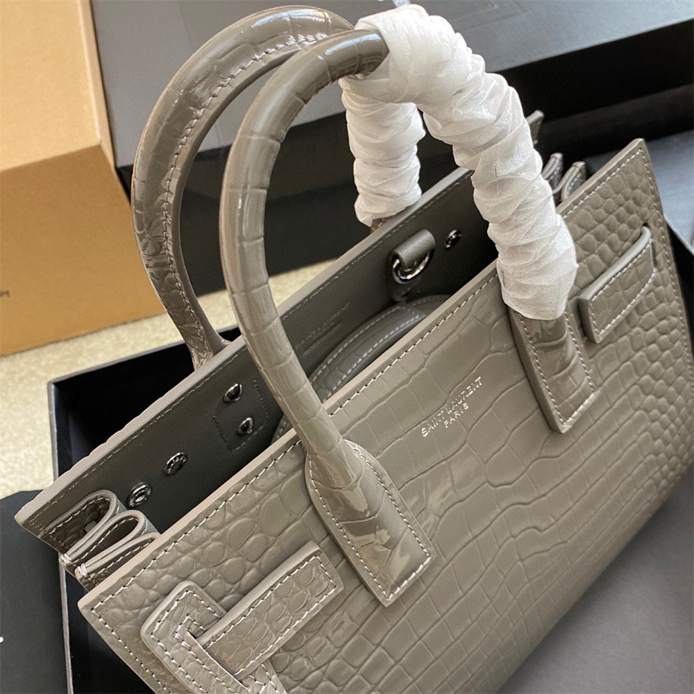 Y*L SAC DE JOUR NANO IN CROCODILE EMBOSSED LEATHER DARK GREY 8.6 X 6.8 X 3.5 INCHES