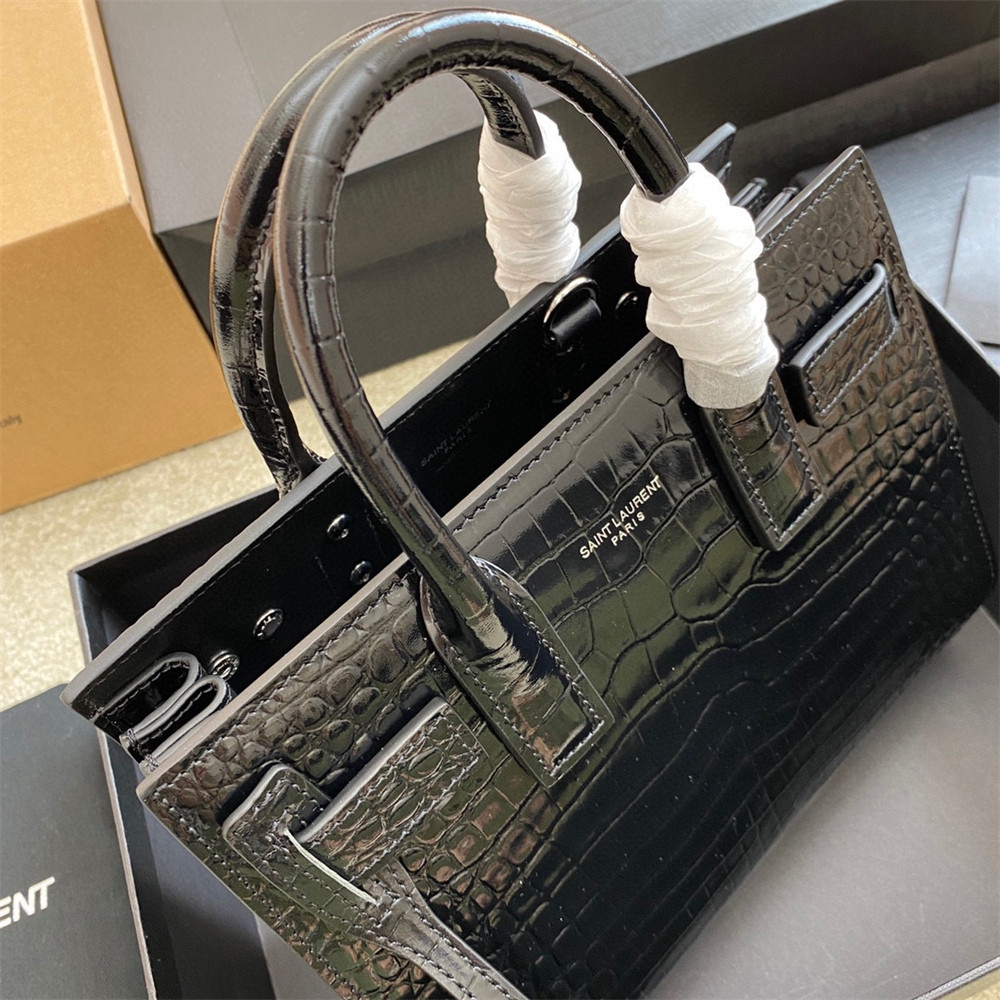 Y*L SAC DE JOUR NANO IN CROCODILE EMBOSSED LEATHER BLACK 8.6 X 6.8 X 3.5 INCHES