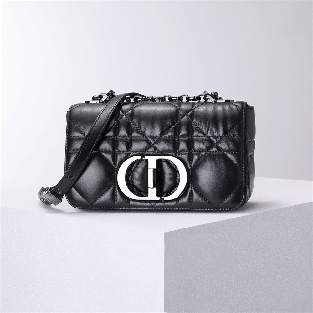 SMALL D*0r CARO BAG BLACK S*pple Cannage Calfskin With Silver Hardware 20 x 12 x 7 cm