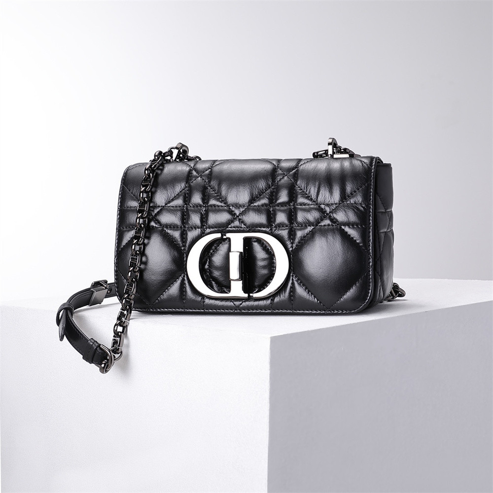 LARGE D*0r CARO BAG Black S*pple Cannage Calfskin With Silver Hardware 29 x 18 x 10 cm