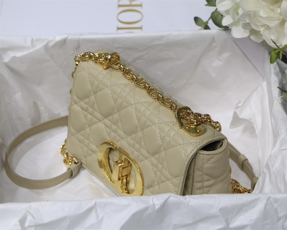 SMALL D*0r CARO BAG Beige S*pple Cannage Calfskin 20 x 12 x 7 cm
