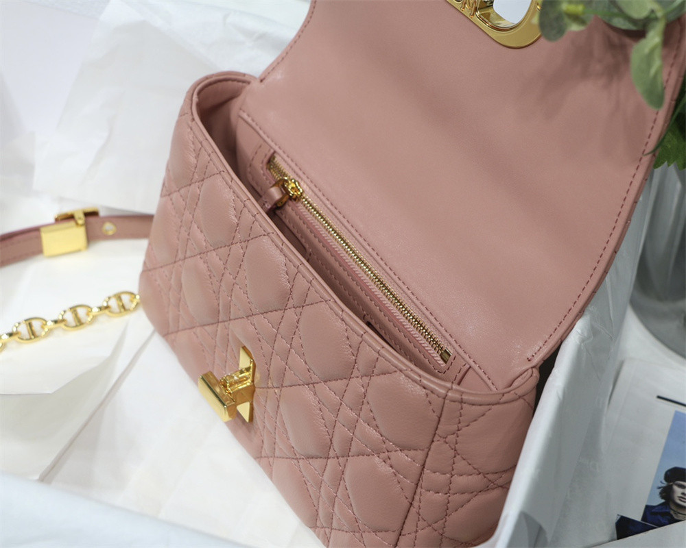 SMALL D*0r CARO BAG PINK S*pple Cannage Calfskin With Silver Hardware 20 x 12 x 7 cm