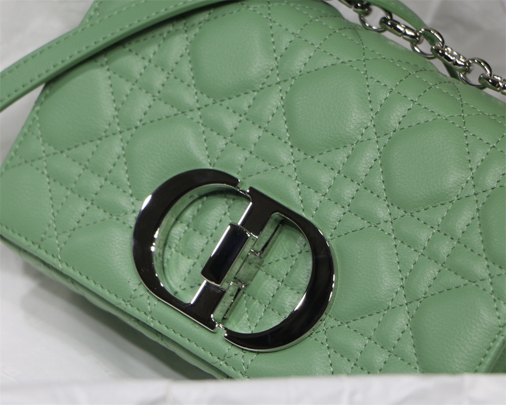 SMALL D*0r CARO BAG gREEN S*pple Cannage Calfskin With Silver Hardware 20 x 12 x 7 cm