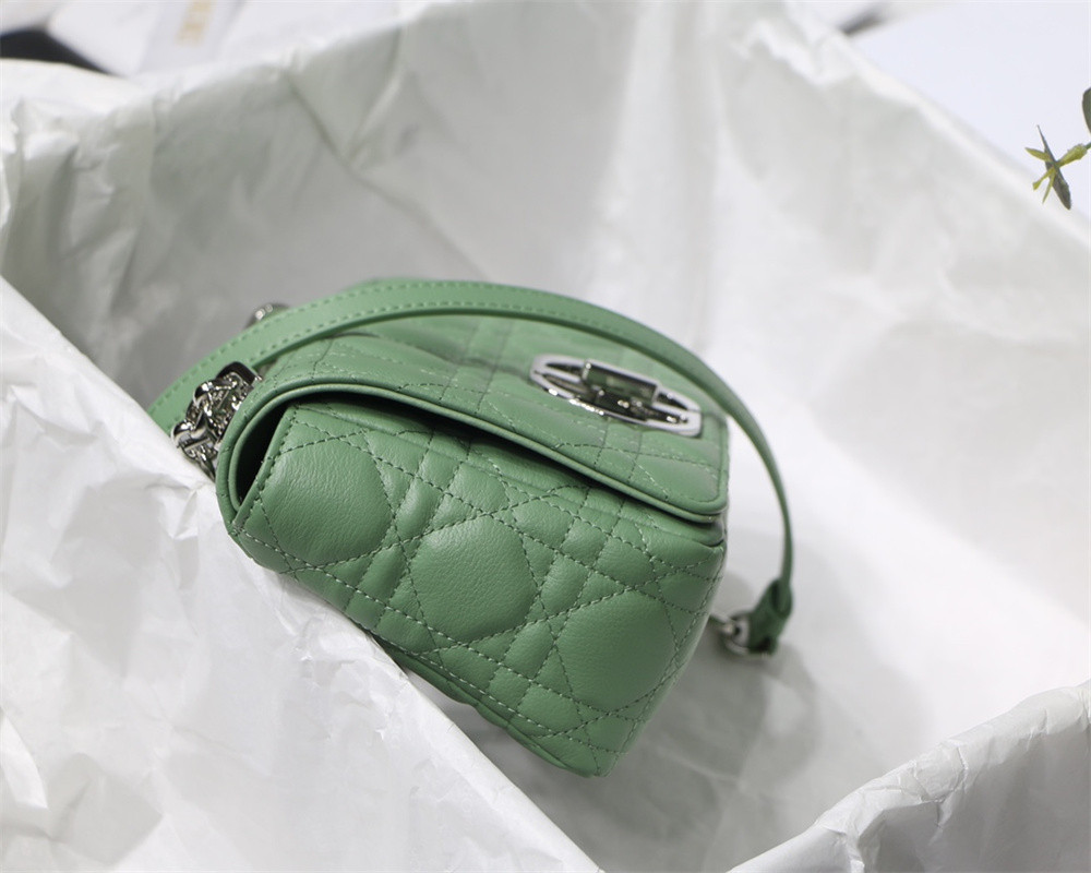 SMALL D*0r CARO BAG gREEN S*pple Cannage Calfskin With Silver Hardware 20 x 12 x 7 cm