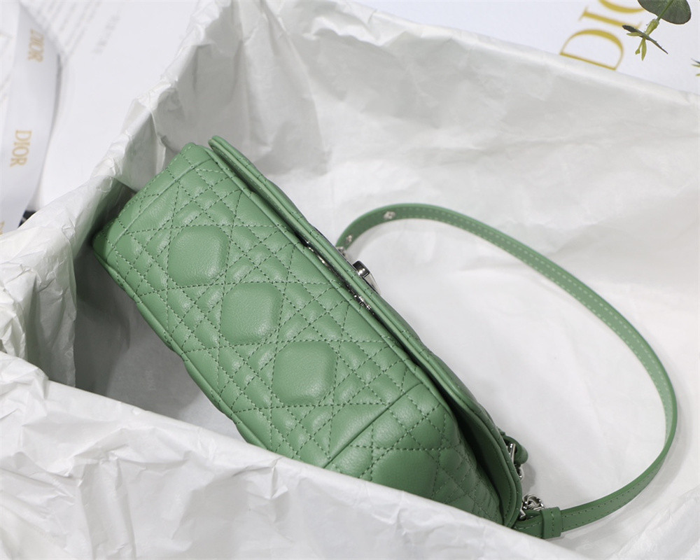 SMALL D*0r CARO BAG gREEN S*pple Cannage Calfskin With Silver Hardware 20 x 12 x 7 cm