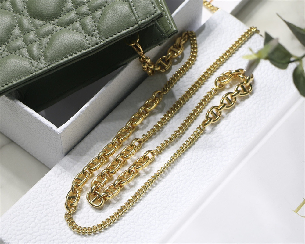 D*0r CARO ZIPPED POUCH WITH CHAIN Green S*pple Cannage Calfskin 19 x 14 x 4.5 cm